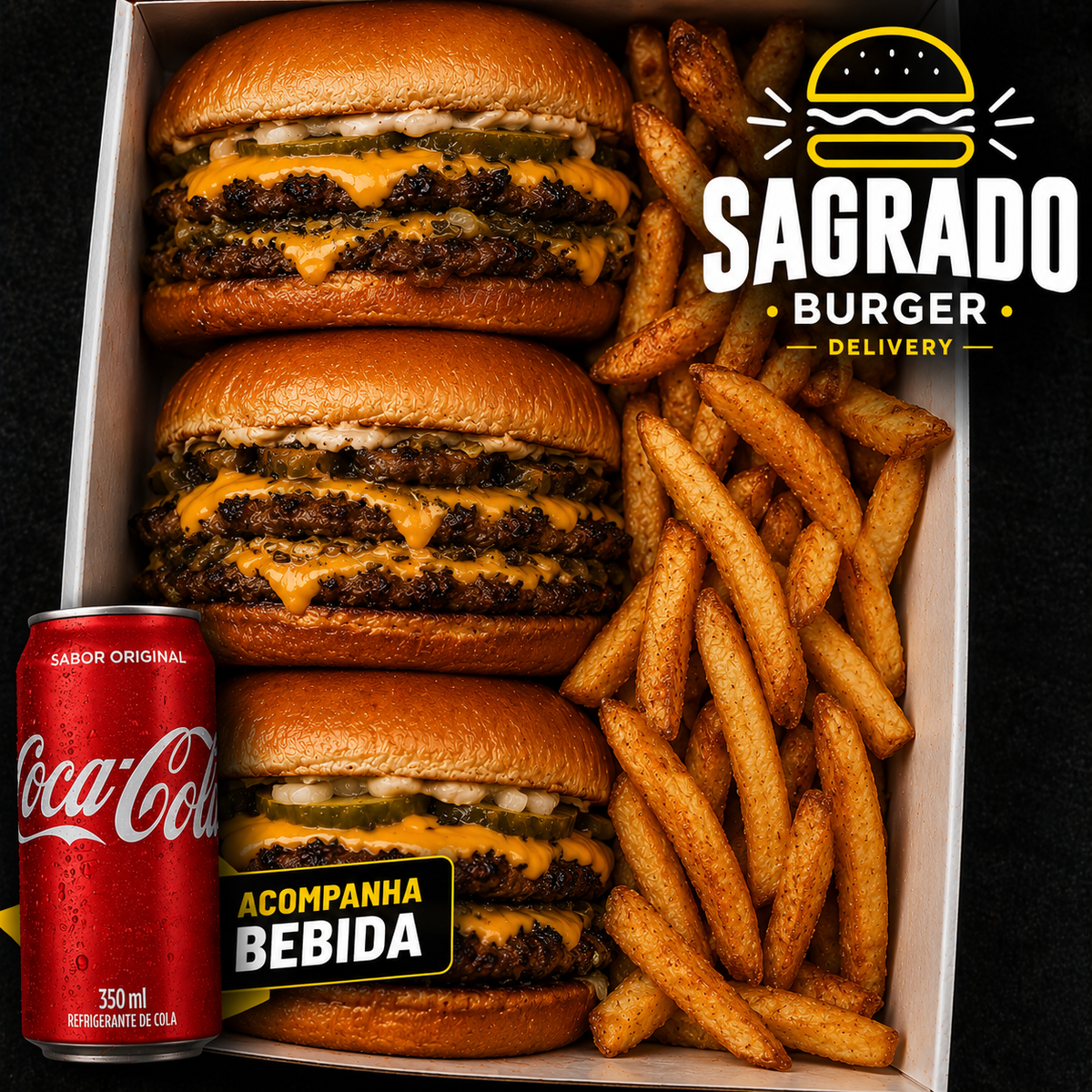 COMBO Trio Smash - 3X Classic Smash Burguer + 500g Fritas + Coca-Cola 2L
