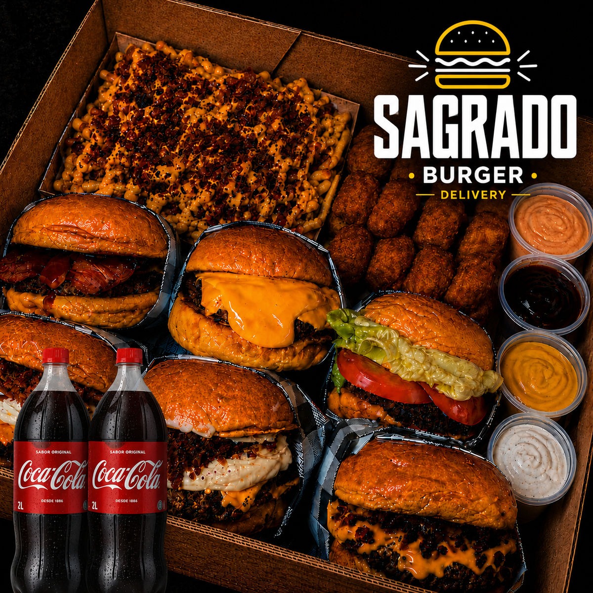 RODÍZIO EM CASA - 6x Hambúrgueres + 500g de Fritas + 500g Nuggets + 2X Coca-Cola 2L + 4 Molhos Especiais